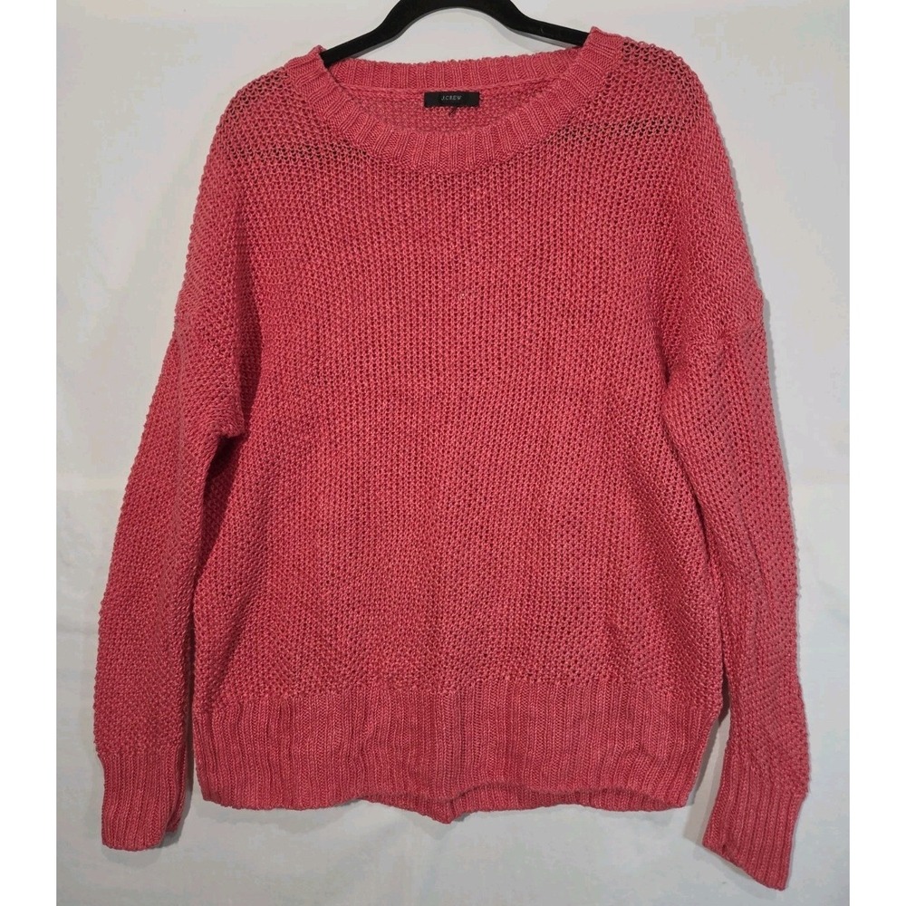 J.Crew Open Weave Knit Sweater Womens Large Coral Pink Relaxed Crewneck Coastal